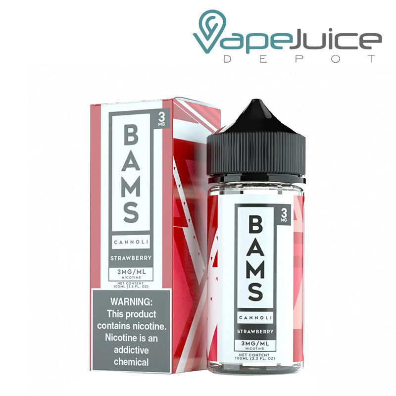 A box of Strawberry Cannoli Bam Bams eLiquid with a warning sign and a 100ml bottle next to it - Vape Juice Depot