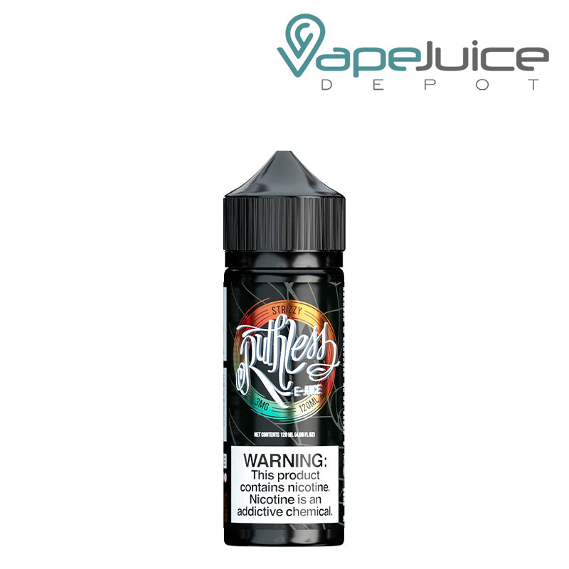 A 120ml bottle of Strizzy Ruthless Vapor with a warning sign - Vape Juice Depot