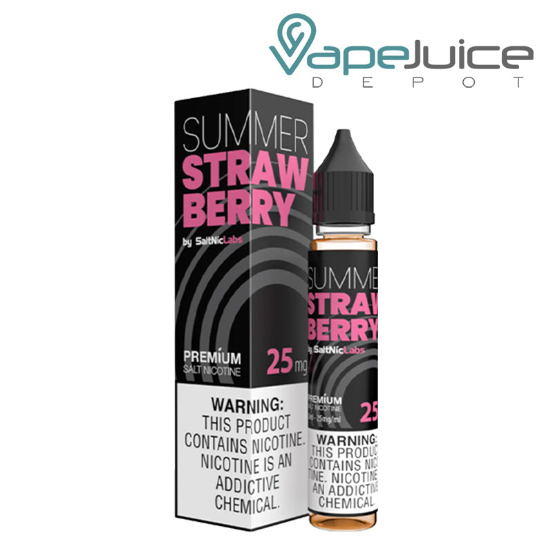 A box of Summer Strawberry VGOD SaltNic with a warning sign and a 30ml bottle next to it - Vape Juice Depot