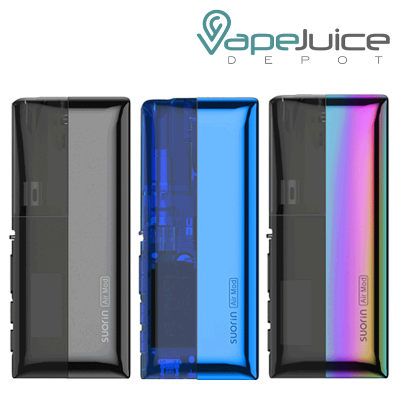 Three different colors of Suorin Air Mod Kits and the logo on them - Vape Juice Depot