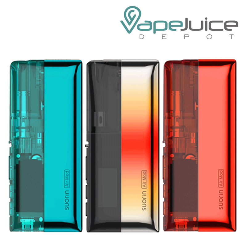 Three different colors of Suorin Air Mod Kits and the logo on them - Vape Juice Depot