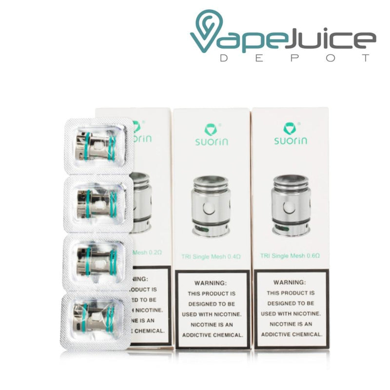 Three boxes of Suorin TRI Replacement Mesh Coils and four separate coils on the left side - Vape Juice Depot
