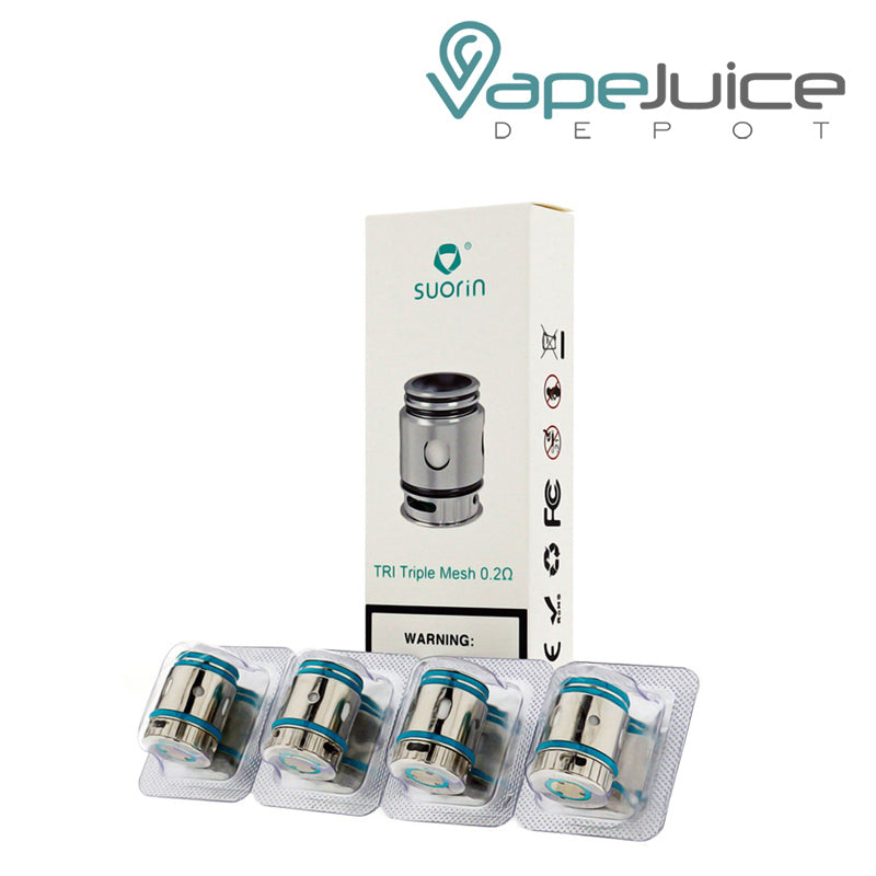 A box of Suorin Tri Single Mesh Coils with a warning sign and a 4-pack in front of it - Vape Juice Depot