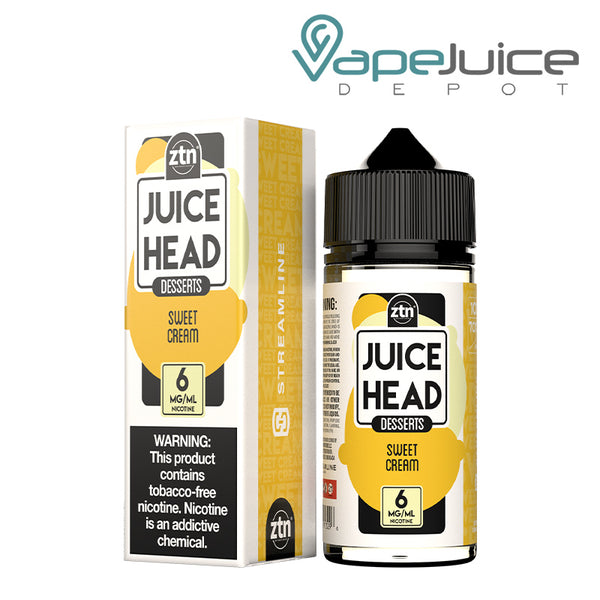 A box of Sweet Cream ZTN Juice Head with a warning sign and a 100ml bottle next to it - Vape Juice Depot