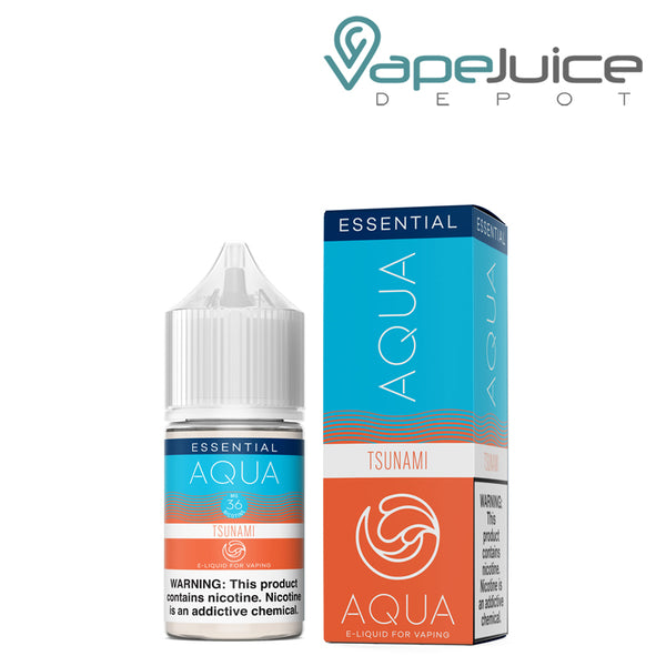 A 30ml bottle of TSUNAMI AQUA Synthetic Salts 36mg and a box with a warning sign next to it - Vape Juice Depot