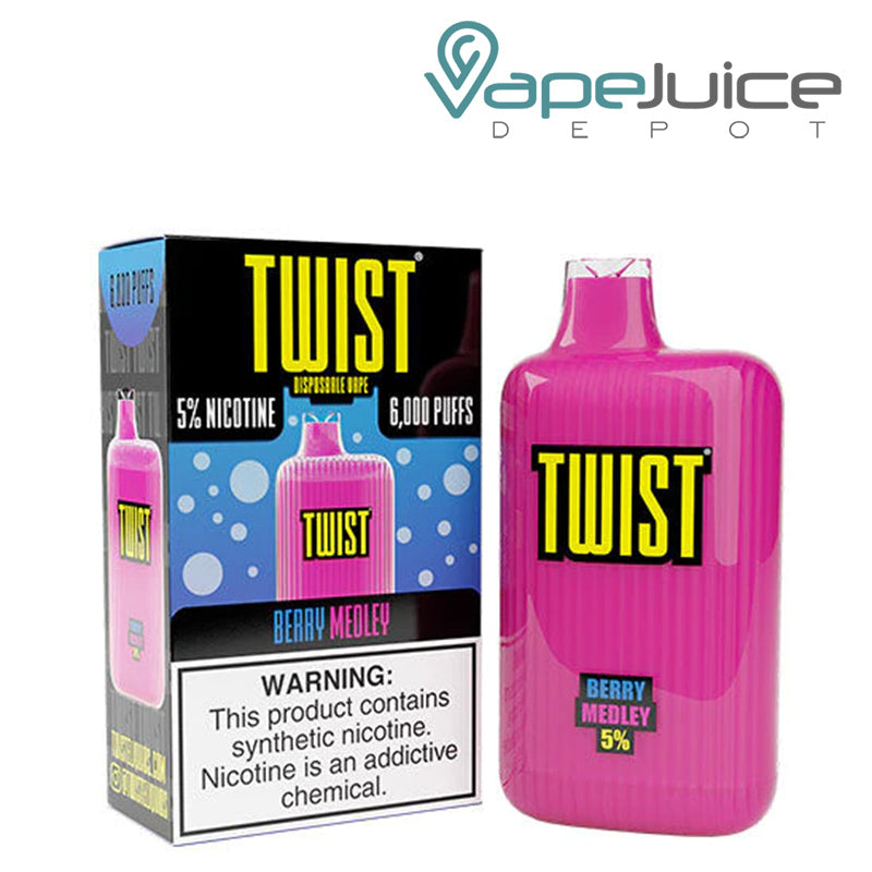 A box of Berry Medley  TWIST 6000 Disposable Vape with a warning sign and a disposable next to it - Vape Juice Depot