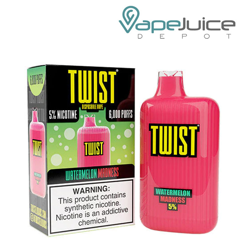 A box of Watermelon Madness  TWIST 6000 Disposable Vape with a warning sign and a disposable next to it - Vape Juice Depot