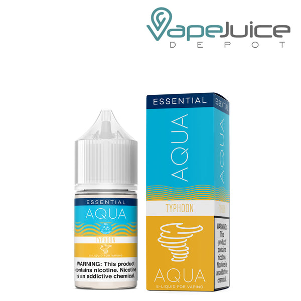 A 30ml bottle of TYPHOON AQUA Synthetic Salts 36mg with a warning sign and a box  next to it - Vape Juice Depot