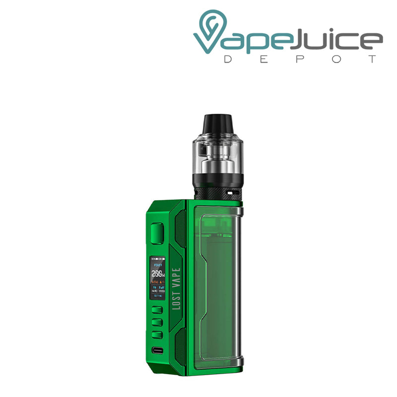 Emerald Green Lost Vape Thelema Quest 200W Starter Kit with a display screen, a firing button and two adjustment buttons - Vape Juice Depot