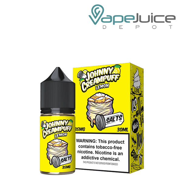 A 30ml bottle of Lemon Johnny Creampuff Salt and a box with a warning sign next to it - Vape Juice Depot