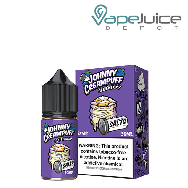 A 30ml bottle of Blueberry Johnny Creampuff Salt and a box with a warning sign next to it - Vape Juice Depot