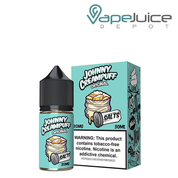 A 30ml bottle of Original Johnny Creampuff Salt and a box with a warning sign next to it - Vape Juice Depot