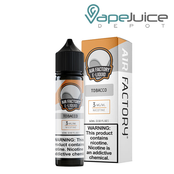 A 60ml bottle of Tobacco Air Factory eLiquid 3mg with a warning sign and a box next to it - Vape Juice Depot