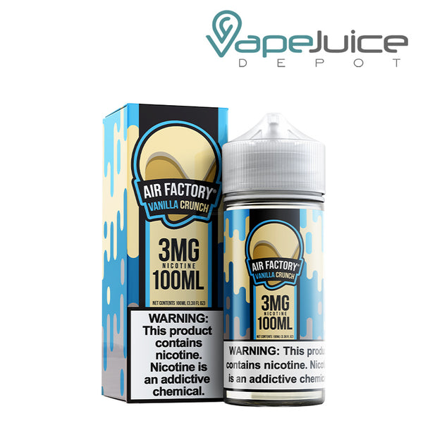 A box of Treat Factory Vanilla Crunch Synthetic eLiquid 3mg with a warning sign and a 100ml bottle next to it - Vape Juice Depot