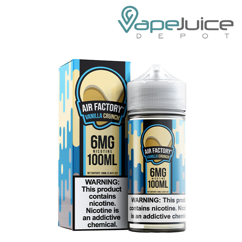 A box of Treat Factory Vanilla Crunch Synthetic eLiquid 6mg with a warning sign and a 100ml bottle next to it - Vape Juice Depot