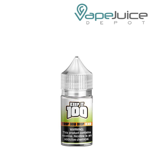 A 30ml bottle of Trop Dew Drop Iced Keep It 100 TFN Salt with a warning sign - Vape Juice Depot