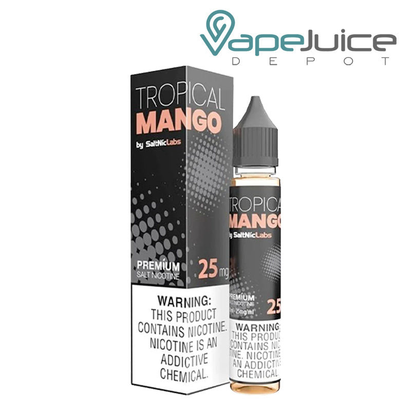 A box of Tropical Mango VGOD SaltNic with a warning sign and a 30ml bottle next to it - Vape Juice Depot