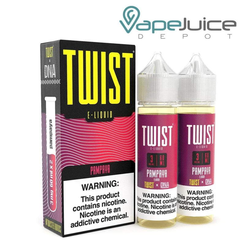 A box of Pampaya Twist E-Liquid with a warning sign and two 60ml bottles next to it - Vape Juice Depot