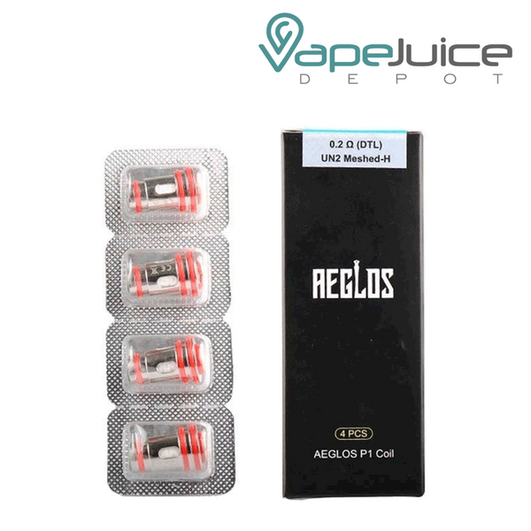 0.2 ohm UWELL AEGLOS P1 Replacement Coils and their box next to them - Vape Juice Depot