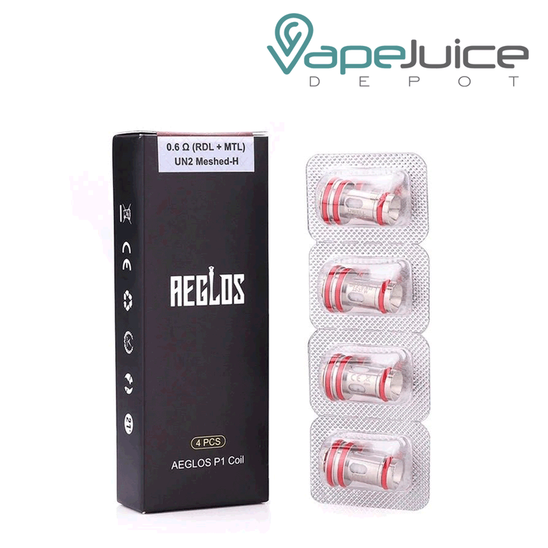 0.6 ohm UWELL AEGLOS P1 Replacement Coils and their box next to them - Vape Juice Depot