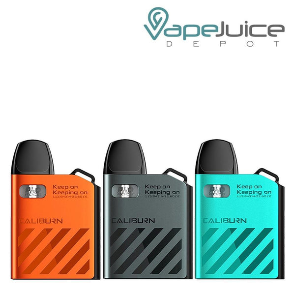 Three different colors of UWELL Caliburn AK2 Pod System Kit - Vape Juice Depot