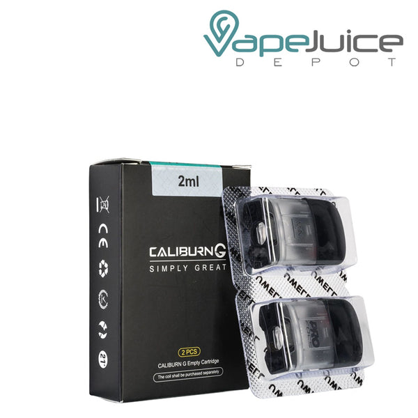 A box of UWELL Caliburn G Replacement Pods and two pods next to it - Vape Juice Depot