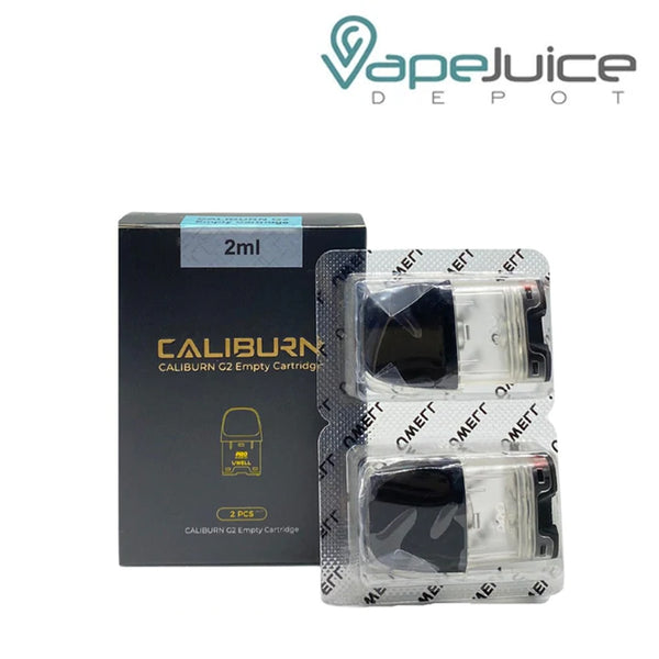 A box of UWELL Caliburn G2 Replacement Pods and a pack of two pods next to it - Vape Juice Depot