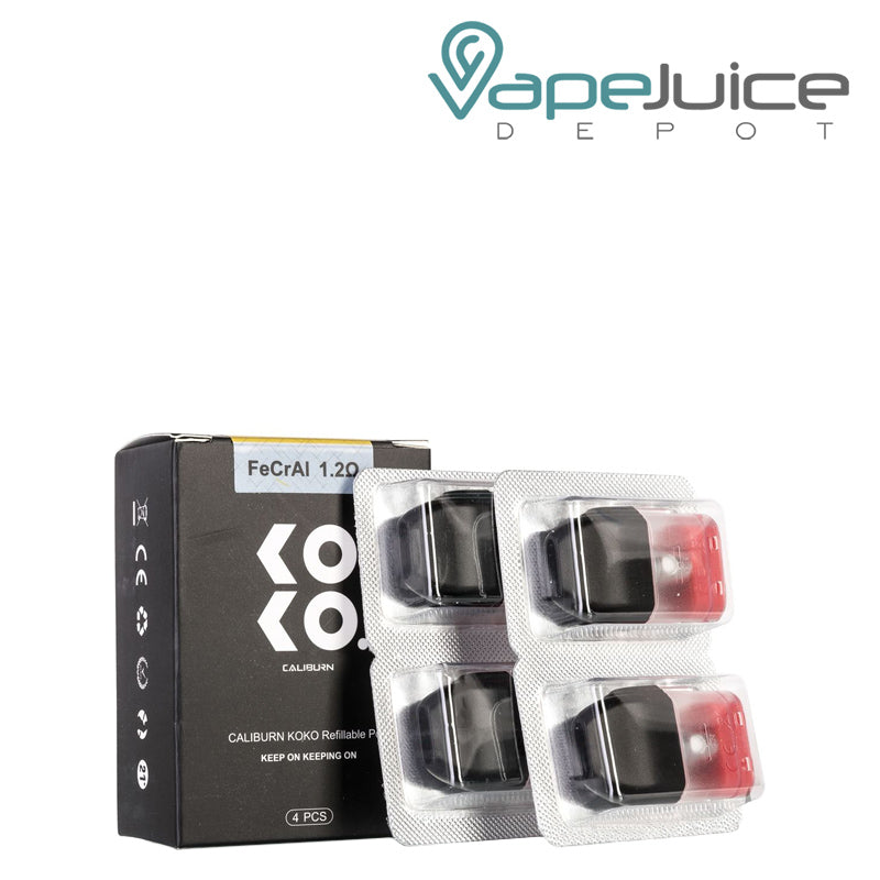 A box of UWELL Caliburn KOKO Refillable Pods and four pods next to it - Vape Juice Depot