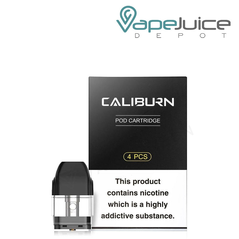 A UWELL Caliburn Replacement Pods and box next to it - Vape Juice Depot