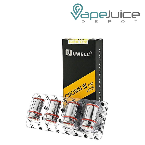 A box of UWELL Crown 3 Tank Replacement Coils and four pack of coils next to it - Vape Juice Depot
