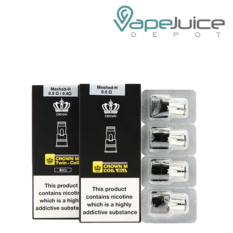 Two boxes of UWELL Crown M Replacement Coils with a warning sign and a 4-pack next to them - Vape Juice Depot
