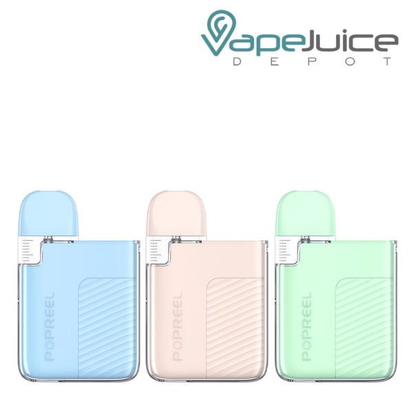 3 colors of UWELL Popreel PK1 Pod System with a pre-installed Popreel P1 replacement pod - Vape Juice Depot
