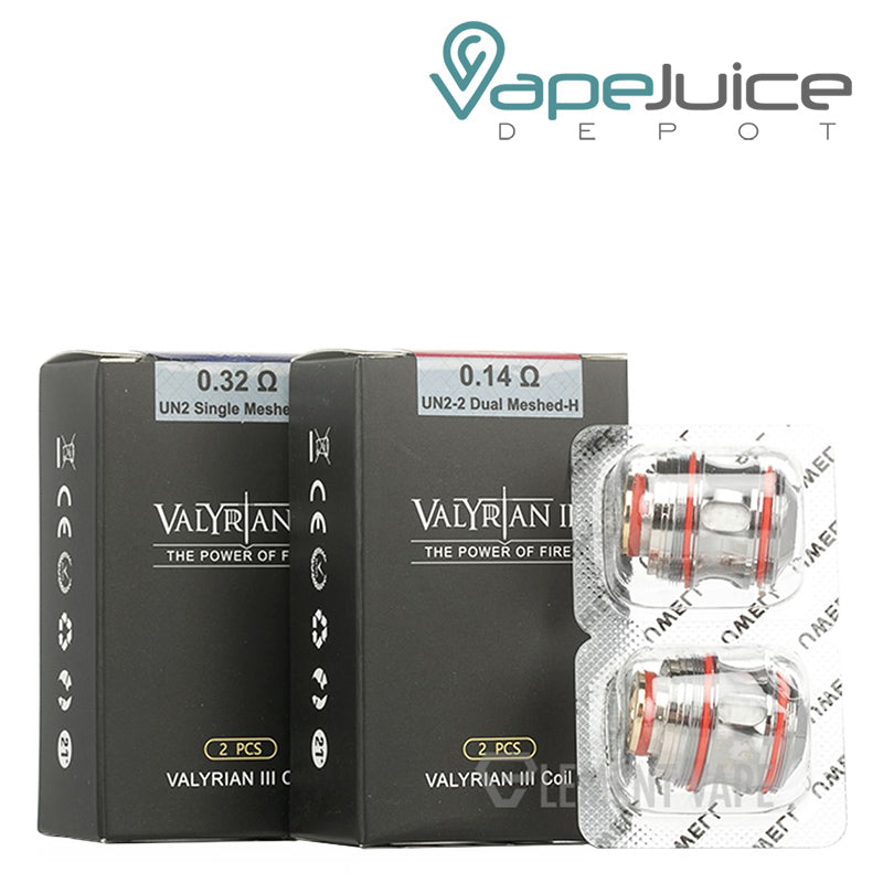Two boxes of UWELL Valyrian 3 Mesh Replacement Coils and 2-pack next to it - Vape Juice Depot