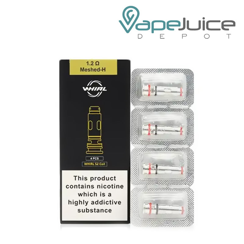 A box of UWELL Whirl S2 Replacement Coils with a warning sign and a four-pack next to it - Vape Juice Depot