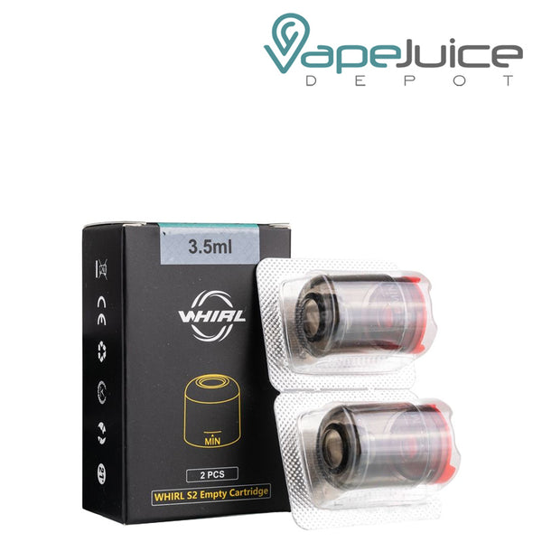 A Box of UWELL Whirl S2 Replacement Pods and two-pack next to it - Vape Juice Depot