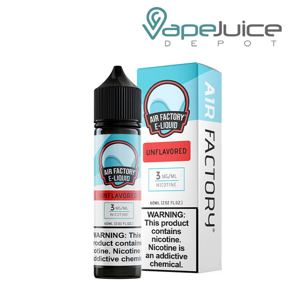A 60ml bottle of Unflavored Air Factory eLiquid 3mg with a warning sign and a box next to it - Vape Juice Depot