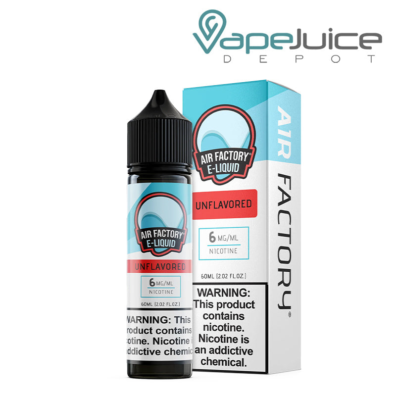 A 60ml bottle of Unflavored Air Factory eLiquid 6mg with a warning sign and a box next to it - Vape Juice Depot