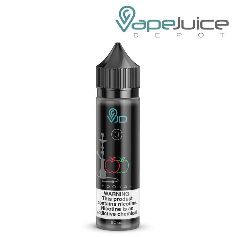 A 60ml bottle of VJD Double Apple Hookah e-Liquid with a warning sign - Vape Juice Depot