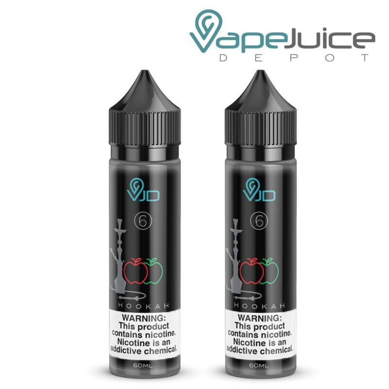 Two 60ml bottles of VJD Double Apple Hookah e-Liquid with a warning sign - Vape Juice Depot