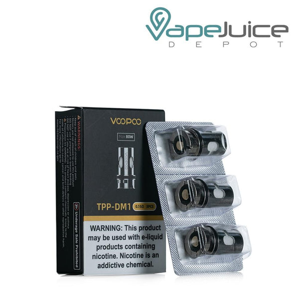 A box of DM1 VooPoo TPP Replacement Coils with a warning sign and three TPP coils next to it - Vape Juice Depot