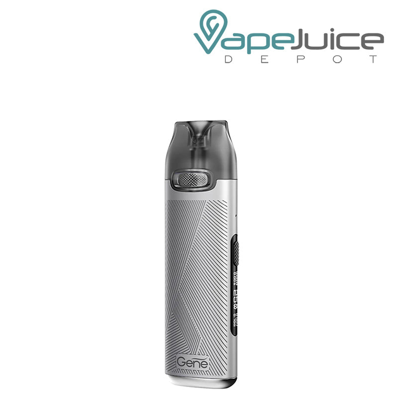 Silver VooPoo V.THRU Pro Pod Kit with a side button and an OLED screen - Vape Juice Depot