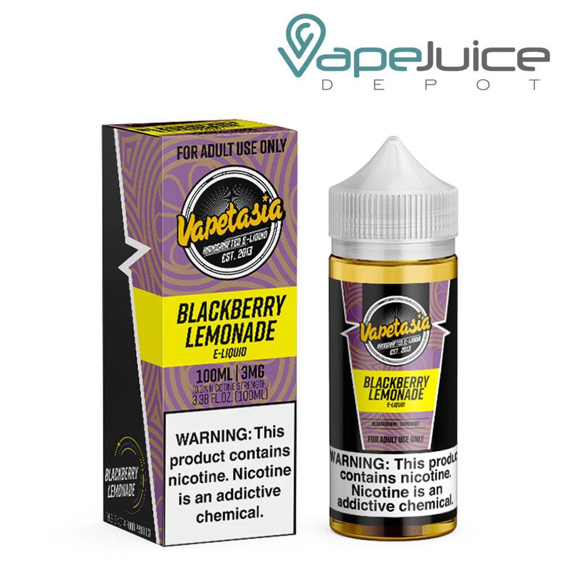 A box of Blackberry Lemonade Vapetasia eLiquid and a 100ml bottle with a warning sign next to it - Vape Juice Depot