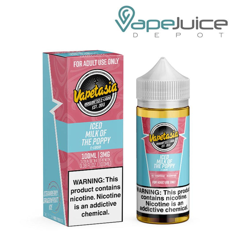 A box of 100ml ICED Milk of The Poppy Vapetasia eLiquid with a warning sign and a bottle next to it - Vape Juice Depot