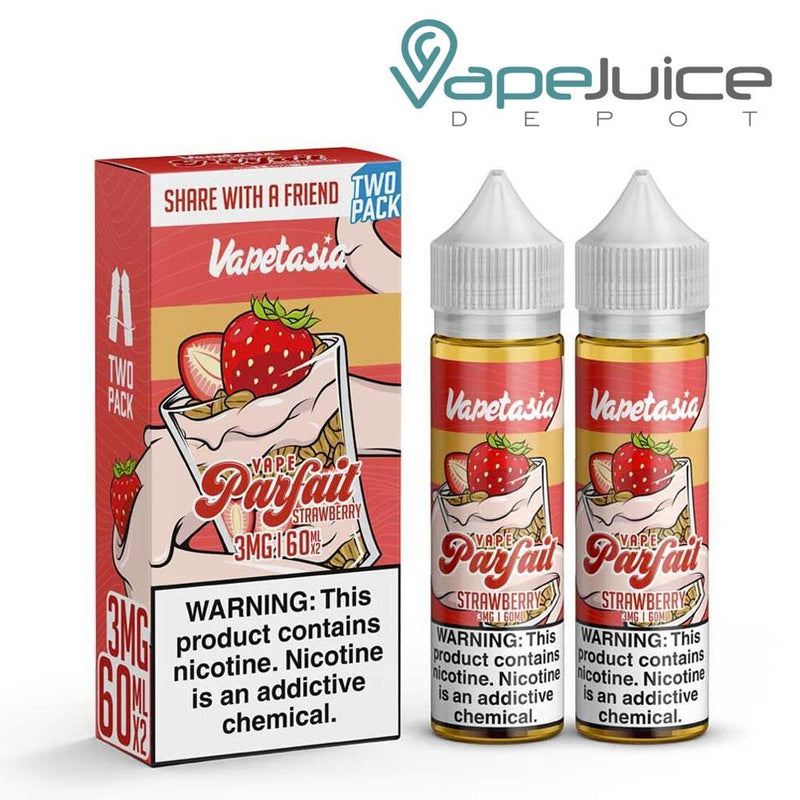 A box of 120ml  Parfait Strawberry Vapetasia eLiquid and two 60ml bottles next to it - Vape Juice Depot