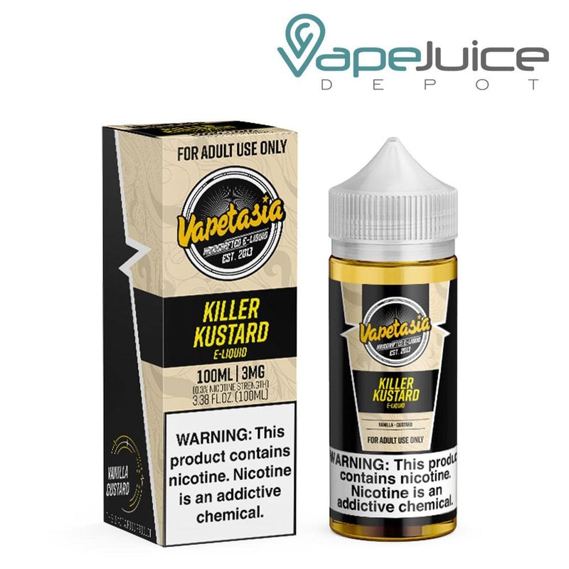 A box of Killer Kustard Vapetasia eLiquid and a 100ml bottle with a warning sign next to it - Vape Juice Depot