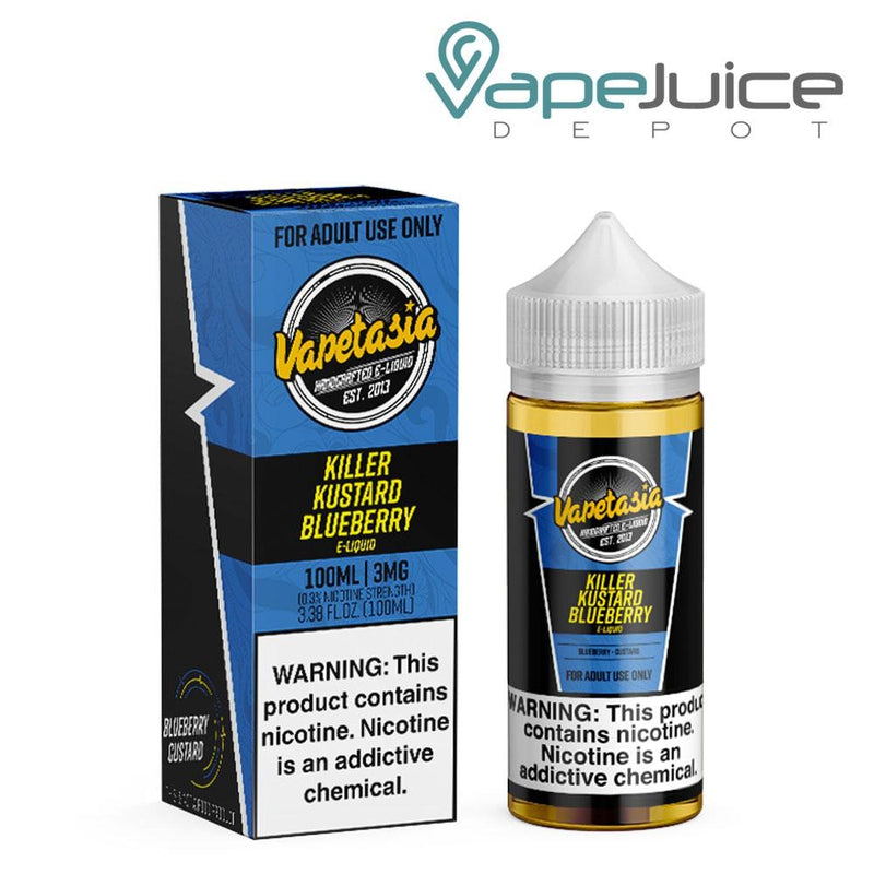 A box of Killer Kustard Blueberry Vapetasia eLiquid and a 100ml bottle with a warning sign next to it - Vape Juice Depot