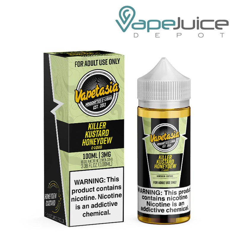 A box of Killer Kustard Honeydew Vapetasia eLiquid with a warning sign and a 100ml bottle next to it - Vape Juice Depot