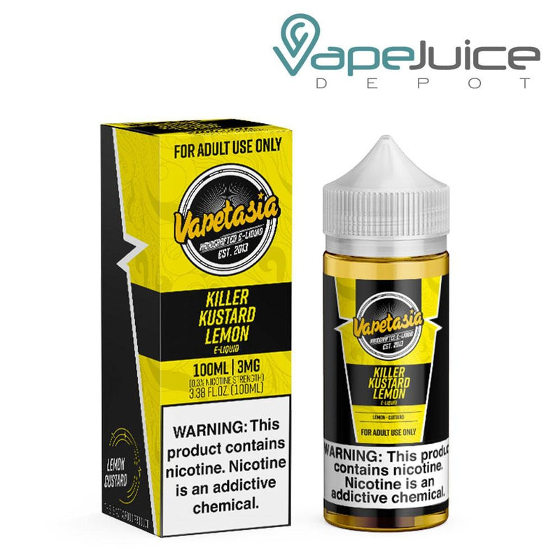 A box of  Killer Kustard Lemon Vapetasia eLiquid with a warning sign and a 100ml bottle next to it - Vape Juice Depot