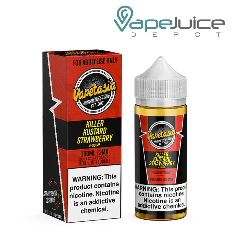 A box of  Killer Kustard Strawberry Vapetasia eLiquid with a warning sign and a 100ml bottle next to it - Vape Juice Depot