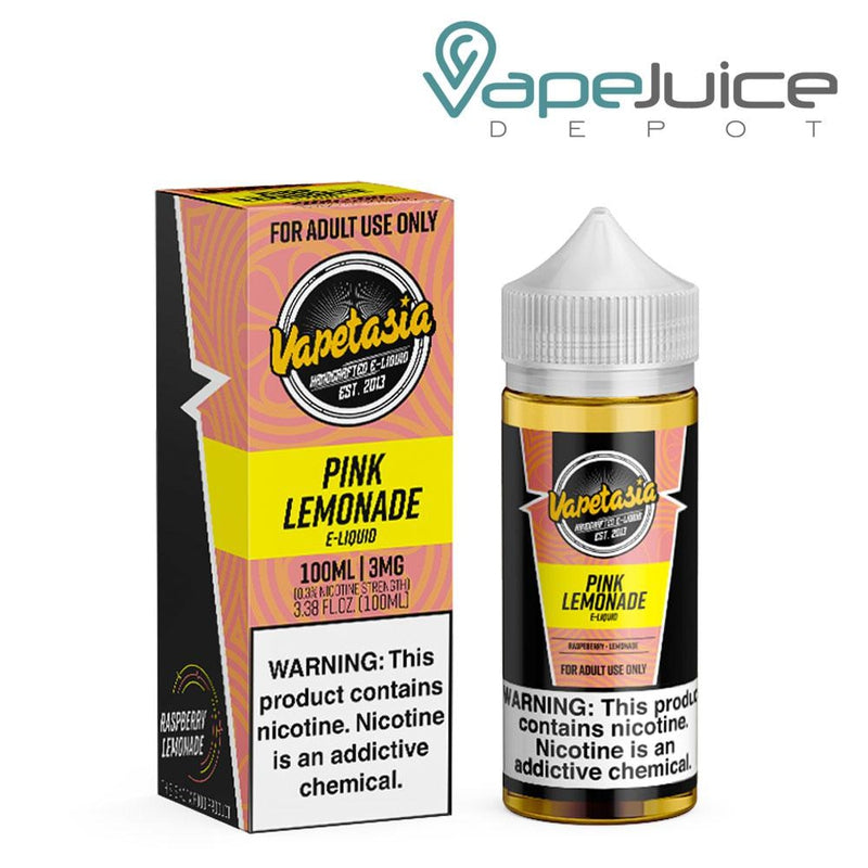 A box of Pink Lemonade Vapetasia eLiquid and a 100ml bottle with a warning sign - Vape Juice Depot